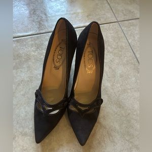 Tod's 7 Brown Suede  Vamped High Wedge Heels Shoes Rubber Sole Women's Size 7